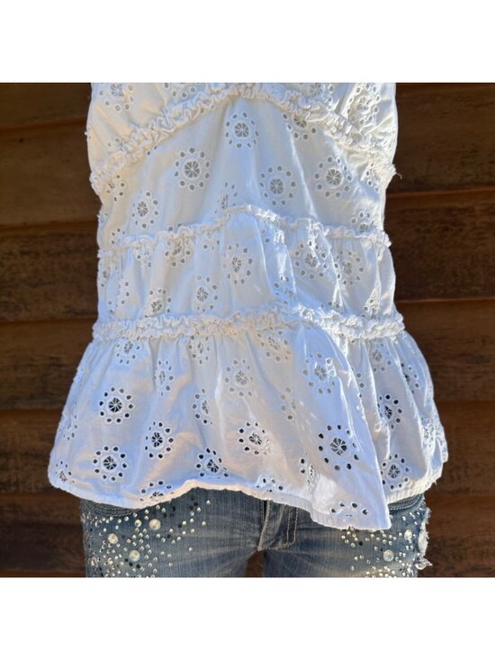 Polo Jeans Co White Eyelet Sleeveless Peplum Top With Adjustable Straps Womens M - Picture 5 of 8